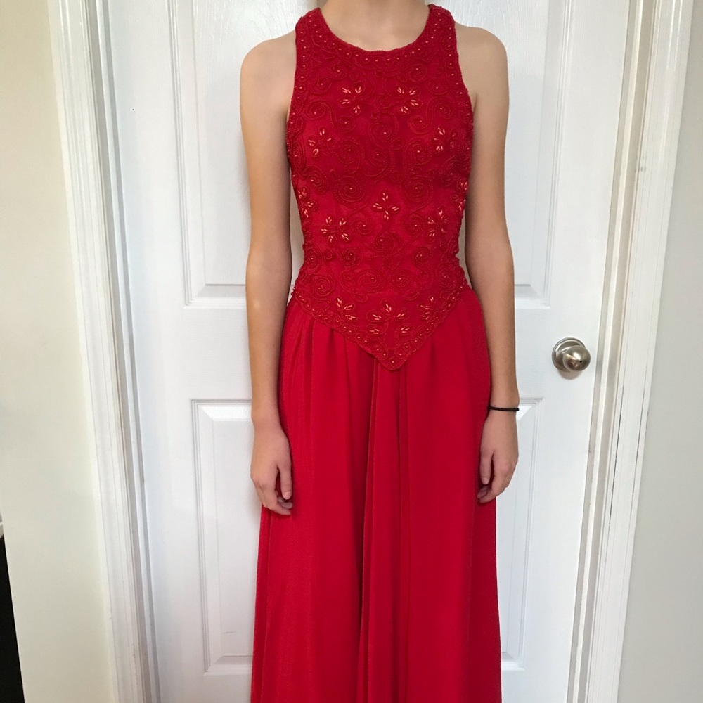 Red 100% silk, hand beaded, long formal modest dress by Baluchi; size 2. - Picture 8 of 15